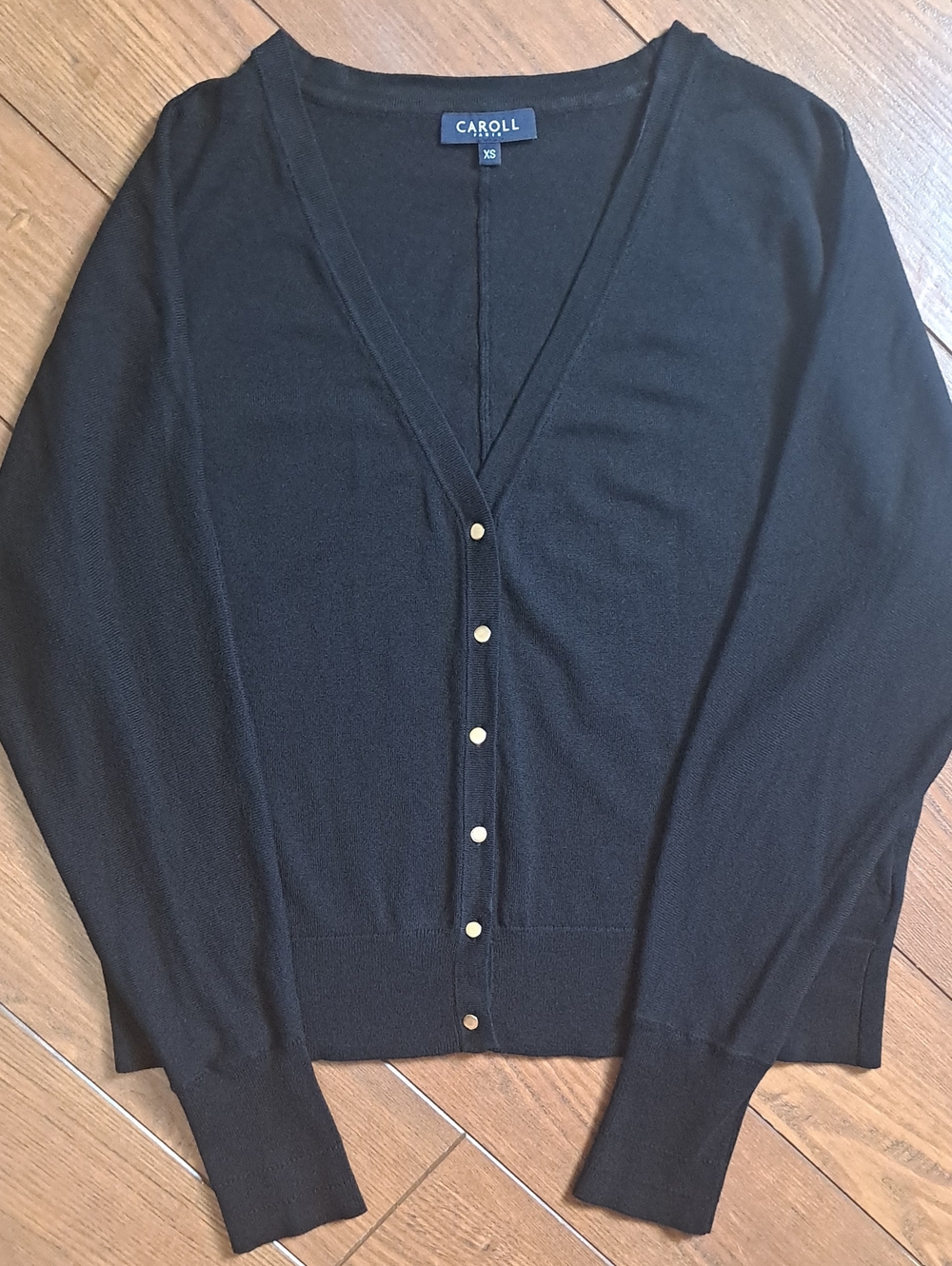 Caroll Paris Muxia Black V-Neck Cardigan Sweater Gold Buttons XS Relaxed France